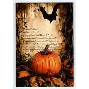 Vintage Halloween Pumpkin & Bat Photochrome Postcard 5.5x4 Chrome